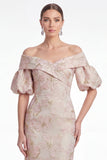 Off the Shoulder Zeemeermin Roze Bloem Jacquard Lange Moeder van de Bruid Jurk
