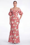 Off the Shoulder Zeemeermin Roze Bloem Jacquard Lange Moeder van de Bruid Jurk