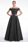 Off-the-shoulder blauwe A-lijn bloemen Jacquard lange moeder van de bruid jurk