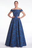 Off-the-shoulder blauwe A-lijn bloemen Jacquard lange moeder van de bruid jurk