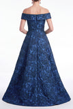 Off-the-shoulder blauwe A-lijn bloemen Jacquard lange moeder van de bruid jurk
