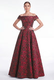 Off-the-shoulder blauwe A-lijn bloemen Jacquard lange moeder van de bruid jurk