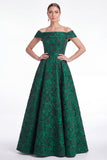 Off-the-shoulder blauwe A-lijn bloemen Jacquard lange moeder van de bruid jurk