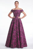 Off-the-shoulder blauwe A-lijn bloemen Jacquard lange moeder van de bruid jurk