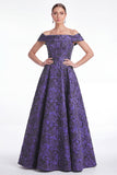 Off-the-shoulder blauwe A-lijn bloemen Jacquard lange moeder van de bruid jurk