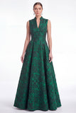 A-lijn groene bloemen jacquard V-hals lange moeder van de bruid jurk