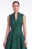 A-lijn groene bloemen jacquard V-hals lange moeder van de bruid jurk