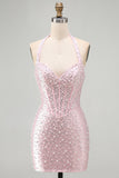Roze Bodycon halter Parels Rugloos Korset Korte Homecoming jurk met kralen