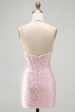 Roze Bodycon halter Parels Rugloos Korset Korte Homecoming jurk met kralen