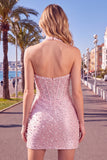 Roze Bodycon halter Parels Rugloos Korset Korte Homecoming jurk met kralen
