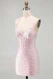 Roze Bodycon halter Parels Rugloos Korset Korte Homecoming jurk met kralen