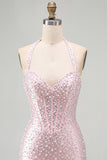 Roze Bodycon halter Parels Rugloos Korset Korte Homecoming jurk met kralen