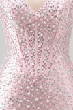 Roze Bodycon halter Parels Rugloos Korset Korte Homecoming jurk met kralen