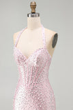 Roze Bodycon halter Parels Rugloos Korset Korte Homecoming jurk met kralen