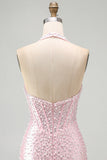 Roze Bodycon halter Parels Rugloos Korset Korte Homecoming jurk met kralen