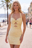 Bodycon halter hals met uitsnede parels gele homecomingjurk met kralen