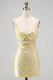 Bodycon halter hals met uitsnede parels gele homecomingjurk met kralen