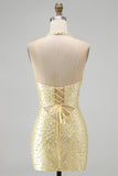 Bodycon halter hals met uitsnede parels gele homecomingjurk met kralen