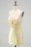 Bodycon halter hals met uitsnede parels gele homecomingjurk met kralen