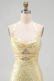 Bodycon halter hals met uitsnede parels gele homecomingjurk met kralen