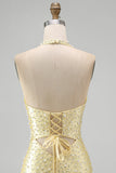 Bodycon halter hals met uitsnede parels gele homecomingjurk met kralen