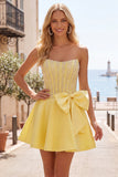Gele Sweetheart A-lijn parels korset Homecoming jurk met strik