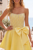 Gele Sweetheart A-lijn parels korset Homecoming jurk met strik