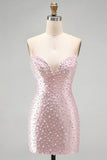 Roze Bodycon Spaghettibandjes Parels Korte Homecoming-jurk