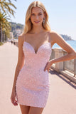 Roze Bodycon Spaghettibandjes Parels Korte Homecoming-jurk