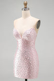 Roze Bodycon Spaghettibandjes Parels Korte Homecoming-jurk