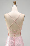 Roze Bodycon Spaghettibandjes Parels Korte Homecoming-jurk