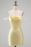 Gele bodycon met off-shoulder parels korset korte homecomingjurk met kralen