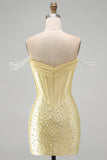 Gele bodycon met off-shoulder parels korset korte homecomingjurk met kralen