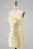 Gele bodycon met off-shoulder parels korset korte homecomingjurk met kralen