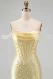 Gele bodycon met off-shoulder parels korset korte homecomingjurk met kralen
