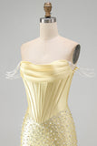 Gele bodycon met off-shoulder parels korset korte homecomingjurk met kralen