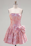 Strapless paarse A-lijn parels Jacquard Homecoming-jurk met strik