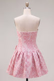 Strapless paarse A-lijn parels Jacquard Homecoming-jurk met strik