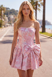 Strapless paarse A-lijn parels Jacquard Homecoming-jurk met strik