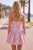 Strapless paarse A-lijn parels Jacquard Homecoming-jurk met strik