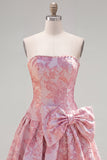 Strapless paarse A-lijn parels Jacquard Homecoming-jurk met strik
