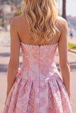 Strapless paarse A-lijn parels Jacquard Homecoming-jurk met strik