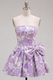 Strapless paarse A-lijn parels Jacquard Homecoming-jurk met strik