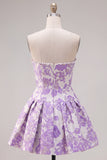 Strapless paarse A-lijn parels Jacquard Homecoming-jurk met strik