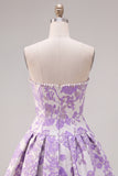 Strapless paarse A-lijn parels Jacquard Homecoming-jurk met strik
