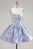 A-lijn blauwe parels Jacquard vierkante halskorset Homecoming jurk