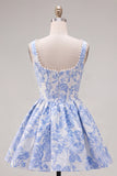 A-lijn blauwe parels Jacquard vierkante halskorset Homecoming jurk