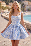 A-lijn blauwe parels Jacquard vierkante halskorset Homecoming jurk