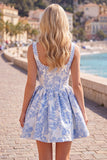 A-lijn blauwe parels Jacquard vierkante halskorset Homecoming jurk
