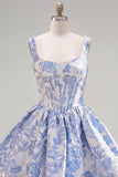 A-lijn blauwe parels Jacquard vierkante halskorset Homecoming jurk